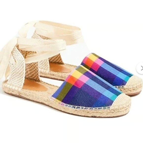 J. Crew Factory Women’s Lace-Up D'Orsay Espadrille Plaid Madras Summer Sandals - Picture 1 of 9
